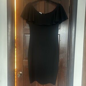 Unique Vintage Black Off-Shoulder Ruffle Sheath Dress